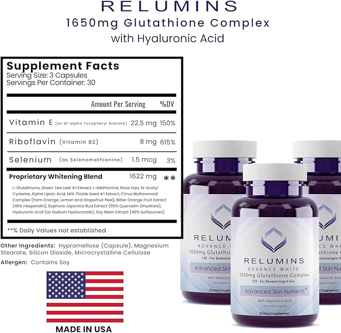 Relumins 1650mg L-Glutathione Complex with Hyaluronic Acid, Alpha Lipoic Acid, Rose HIPS, Vitamin E & Riboflavin, Antioxidant Support, Skin Hydration & Wellness, Made in USA – 90 Capsules x 3 Bottles