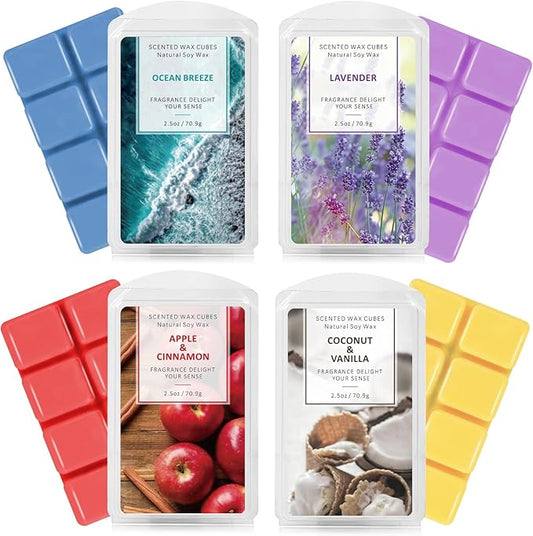 SCENTORINI Wax Melts, Scented Wax Melts Wax Cubes Strong Scent, Natural Soy Wax for Wax Warmer 4 Pack- Ocean Breeze, Vanilla Coconut, Cinnamon, Lavender