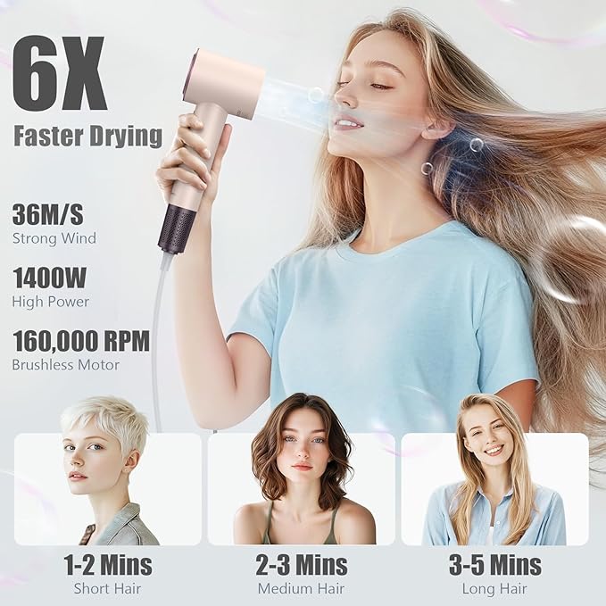 (OUTLET)slopehill 160,000 RPM Professional Hair Dryer - 0.8lb Ultra-Lightweight, 6 Billion Ion Technology for 98% Frizz Reduction, AI Smart-Temp Control, Magnetic Attachments for All Hair Types (Pink)