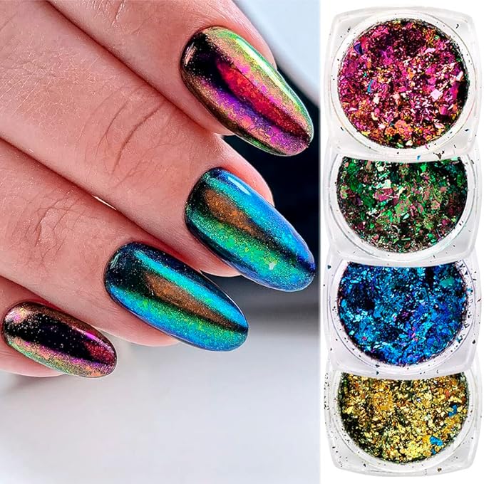 Nail Art Chameleon Glitters Sequins Chunky Iridescent Holographic Flakes Confetti Iridescent Powder for Nail DIY Craft 4 Jars