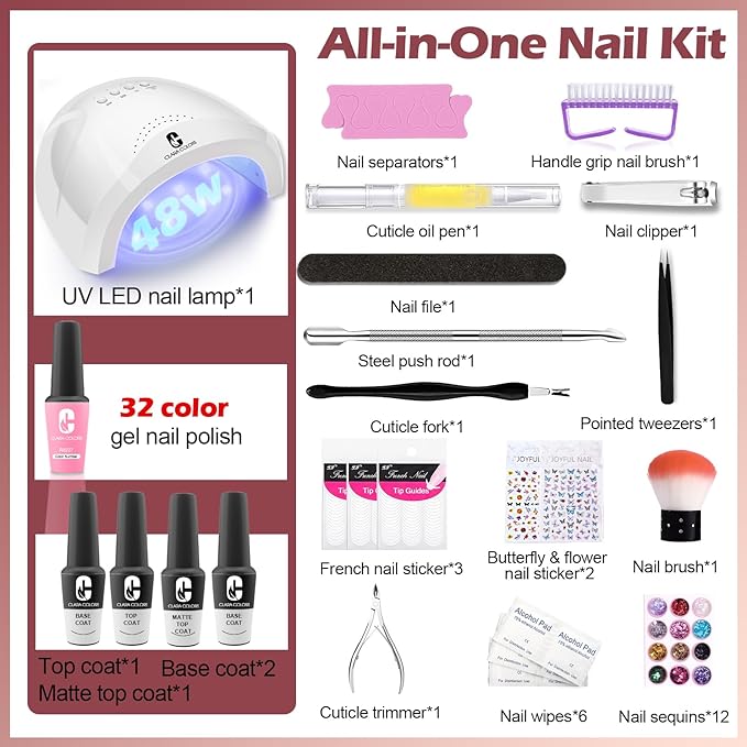 Clara Colors 32 Colors 14ml Gel Nail Polish Kit with UV Light, All In One Gel Polish Set with 48W Light Base and Matte Glossy Top Coat Essential Manicure Tools Nails Art Decorations
