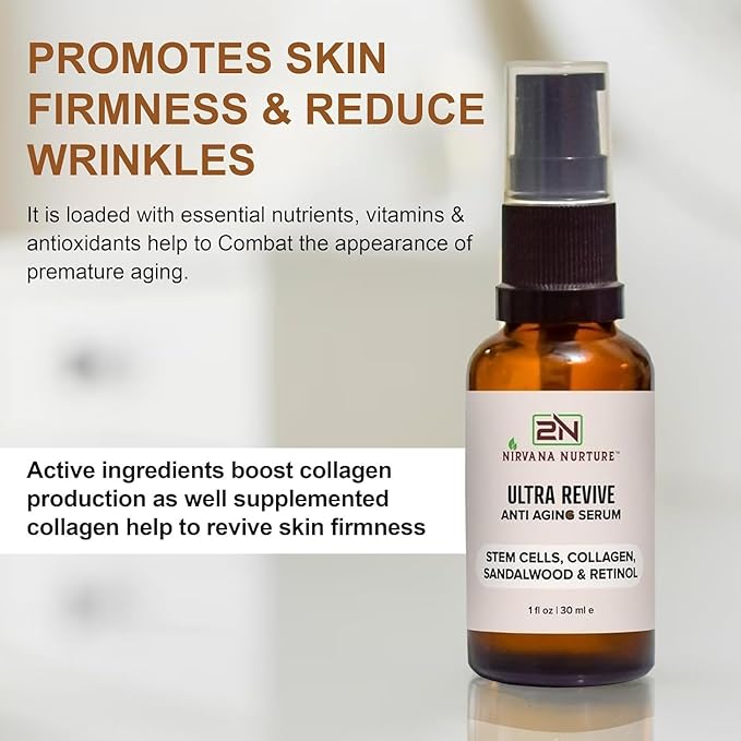 Ultra Revive Anti Aging Serum Reduce Wrinkles, Fine Lines, Tightening Skin, Boost Skin Firmness, Hydration – Centella asiatica Stem Cells, Collagen, Sandalwood, Bakuchiol, Retinol