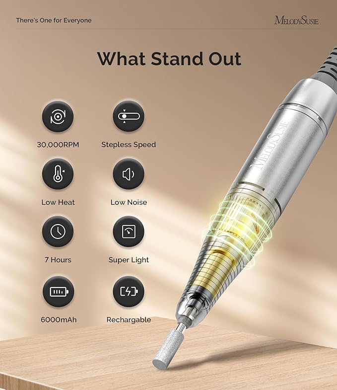 MelodySusie Professional Nail Drill, 30000 RPM Rechargeable Electric E File, SC320H Acrylic Gel Grinder Tools,Portable Nail Drill with 6 Bits Efile for Gel Nails Removing Manicure Pedicure Salon
