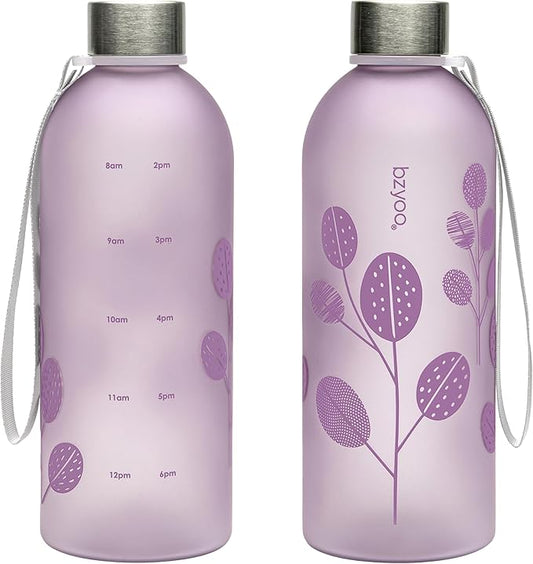 bzyoo 32oz 1 Liter Clear Water Bottle with Time Marker, Leaf Design, Durable Plastic, BPA-Free, Reusable with Measurement Markings for Fitness and Outdoor Activities (Color: Purple)