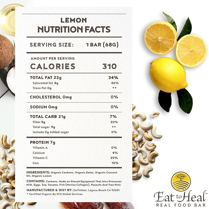EatToHeal Lemon Real Food Bar - Organic Vegan Healthy Gluten Free Protein Bars - Low Sugar Meal Replacement Bar, Non GMO, Never Baked, Plant Based - Crafted to Enjoy, Not Sit on Shelves