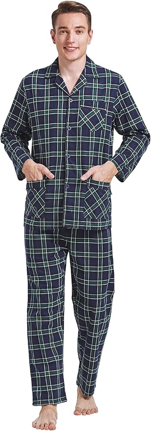 GLOBAL Men's Pajamas Sets 100% Cotton Flannel Sleepwear Long-Sleeve top & Bottom