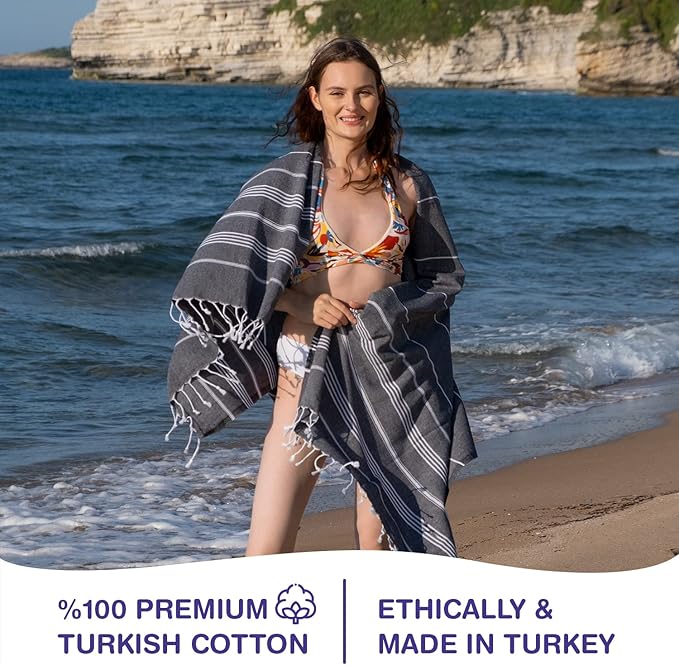 Turkish Beach Towels, Bulk Case of 24 | Oversized, Quick Dry, Sand Free | 100% Cotton, Large 38x71 Towels for Beach, Pool, Travel | Ultra-Soft, Compact, Absorbent | Black