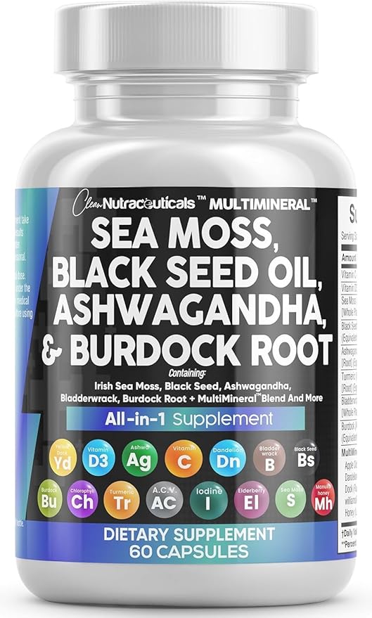 Sea Moss Black Seed Oil Ashwagandha Turmeric Bladderwrack Burdock & Vitamin C Vitamin D3 with Elderberry Manuka Dandelion Yellow Dock Iodine Chlorophyll ACV