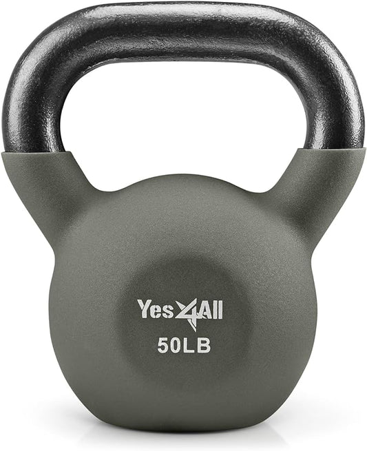 Yes4All Kettlebell, 5-65 LB Neoprene Coated Cast Iron Kettlebells, Wide Grip Handle & Flat Bottom for Swings, Squats, Deadlifts, Push Ups & Full Body Training at Home Gym - Single & Set