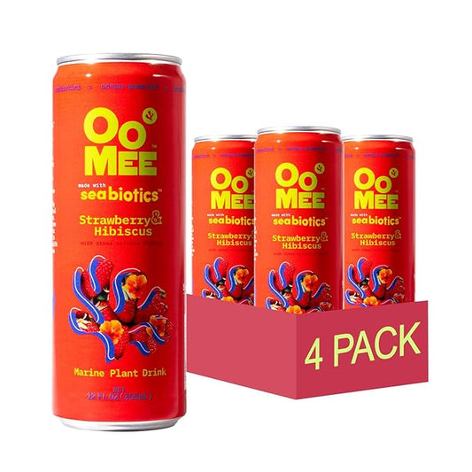 OoMee Prebiotic Beverage (12 Ounce Cans, Pack of 12) - Vegan, Sustainable Marine Sourced Prebiotics, Support Digestive Health, Plant-Based, Low Sugar (4 Pack, Strawberry & Hibiscus)