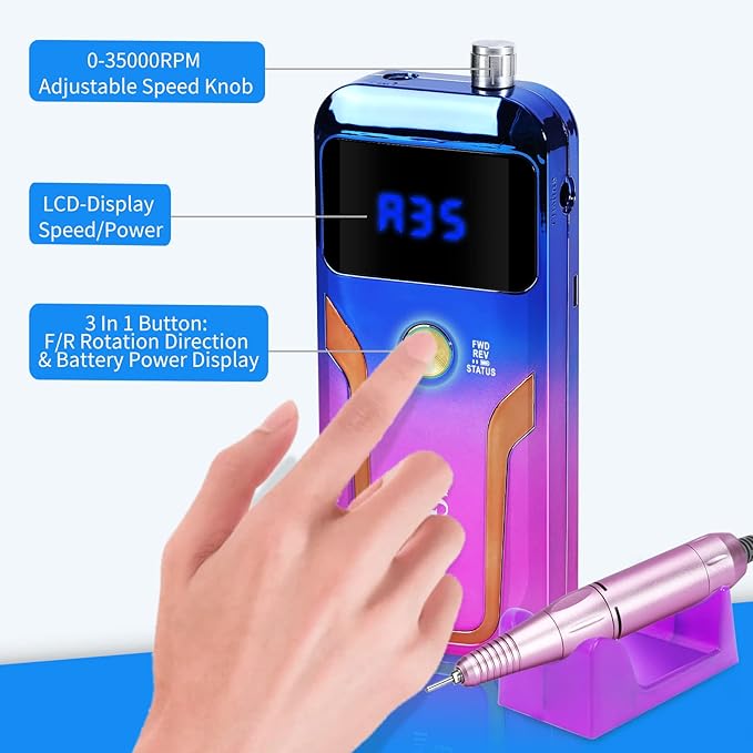 Portable Nail Drill Professional 35000 RPM, MOCOWIND Rechargeable Electric Nail File Machine for Acrylic Gel Polishing Removing, Cordless E-File with Bits Kit for Manicure Salon Home, Blue & Purple