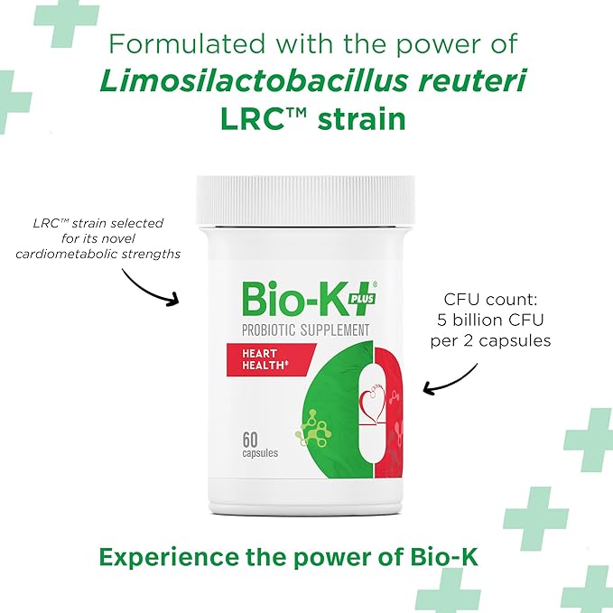 Bio K+ Heart Health Probiotic with Limosilactobacillus reuteri LRC – 5 Billion CFU – Cholesterol & Cardiovascular Support – Vegan, Shelf-Stable, Non-GMO – Probiotics for Men & Women – 60 Capsules