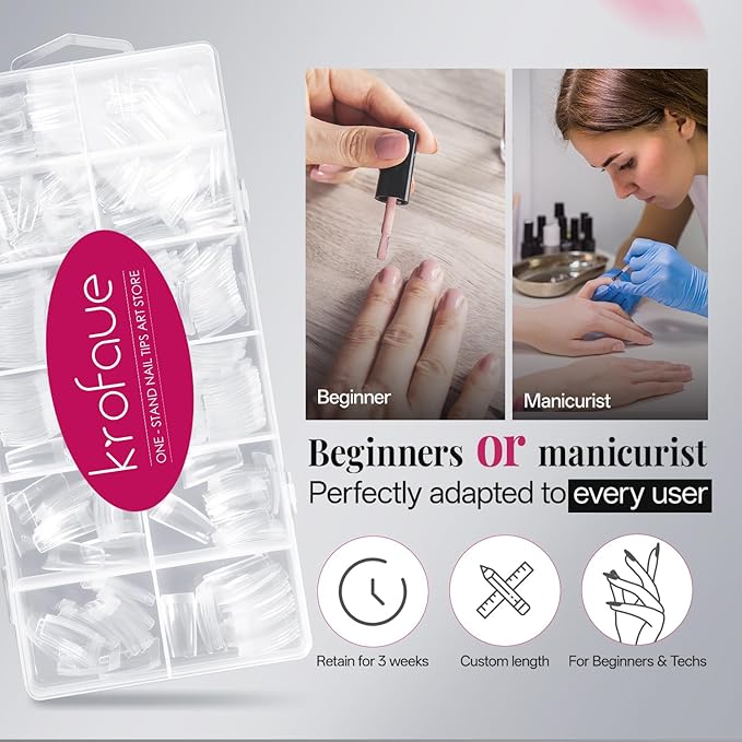 krofaue 504PCS Clear Fake Nails - Half Cover French Nail Tips 12 Sizes Acrylic Soft Gel Square False Tips Gift for Nail Extension DIY & Salon