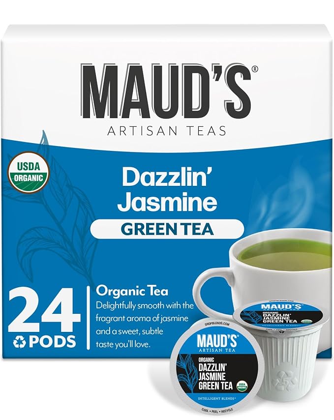 Maud's Organic Jasmine Green Tea Pods, 24 ct, Recyclable Single Serve Tea Pods – 100% Gourmet Blended Tea Leaves, Compatible with Keurig K Cups Maker
