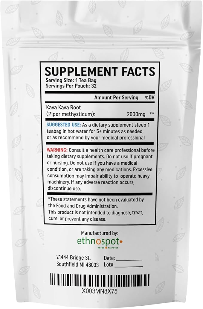 Kava Kava Root Teabags - Kava Kava Tea Pure - 100% Natural Herbal Tea for Stress Support Relaxation Improves Mood and Nervous System - Feel Happy Tea - 2 Gram Teabags - 32 Vegan Teabags