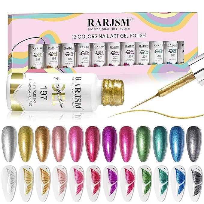RARJSM Metallic Nail Art Gel Liner Black Silver Rose Gold Blue Green Red Glitter Painted Gel Nail Polish Set Soak Off 12 Colors 5ml UV LED Curing Require for DIY at Home Nail Salon Manicure Design