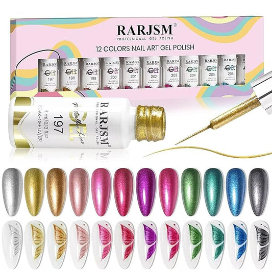 RARJSM Metallic Nail Art Gel Liner Black Silver Rose Gold Blue Green Red Glitter Painted Gel Nail Polish Set Soak Off 12 Colors 5ml UV LED Curing Require for DIY at Home Nail Salon Manicure Design