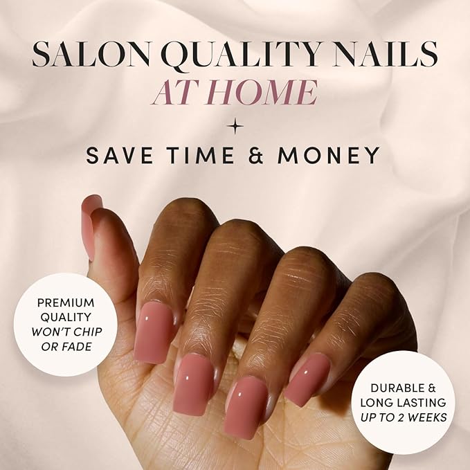 Glamnetic Press On Nails - Dusty Pink | Medium Square Fake Nails, Sheer Mauve Neutral, Salon Quality | 15 Sizes - 30 Nail Kit