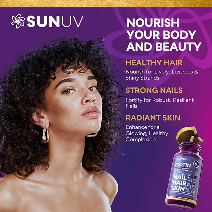 SUNUV Biotin 10000mcg with Collagen & Keratin - 80000mcg Hair Growth Vitamins for Women & Men,Skin & Nails Support - Hyaluronic Acid & Vitamins B1,B2,B3,B5,B6,B9,B12 -Made in USA-90 Capsules
