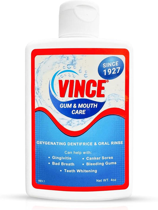 Vince Gum and Mouth Powder - Daily Use Dentifrice - Oxygenating Bubbles - Bad Breath - Gingivitis - Irritated or Bleeding Gums - Canker Sore - Inflammation - Wounds - Cleanse & Refresh - 4 Ounce