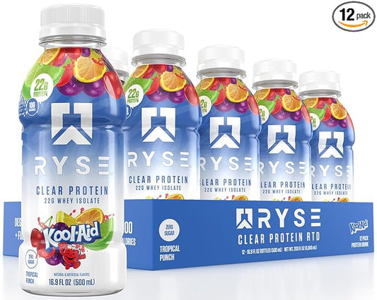 RYSE Clear Protein Shake - Kool-Aid Tropical Punch - 100 Calories, 22g Whey Isolate Protein, Sugar-Free, 0g Fat & Lactose-Free - Refreshing Ready-to-Drink Beverage - 16.9 fl oz Bottles (12-Pack)