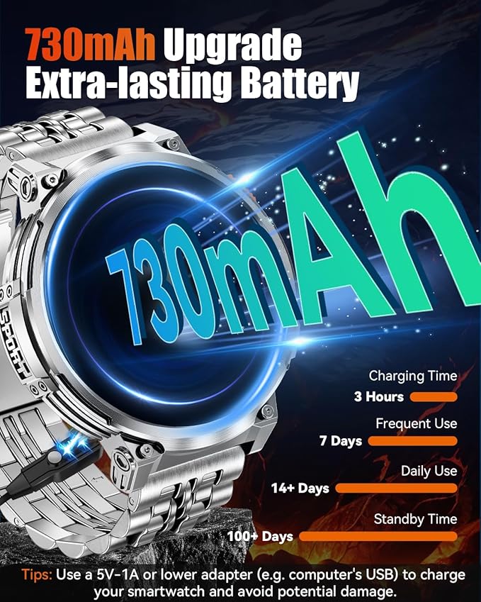 1.85" Big Screen Military Smart Watch for Men with Flashlight, 730mAh Large Battery, IP68 Waterproof, Bluetooth Calling, 114 Sports Modes, Heart Rate/Sleep Monitor for iOS Android