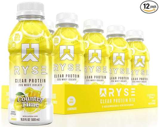 RYSE Clear Protein Shake - Country Time Lemonade - 100 Calories, 22g Whey Isolate Protein, Sugar-Free, 0g Fat & Lactose-Free - Refreshing Ready-to-Drink Beverage - 16.9 fl oz Bottles (12-Pack)