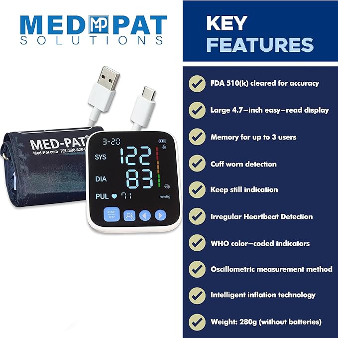 Med-Pat BP-S Arm Blood Pressure Monitor - 4.7" HD LCD Screen - 2 Users x 300 Memories Plus Guest Mode - Irregular Heartbeat Detection - Hold Still Indicator - FSA/HSA Approved - Portable Square Design