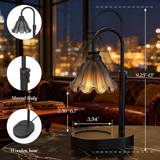 Candle Warmer Lamp with Adjustable Height - Flameless 4-Level Dimmable Wax Warmer with Colorful Glass Shade & Wooden Base, Timer Function & Stylish Design in Multiple Colors (Black 2)
