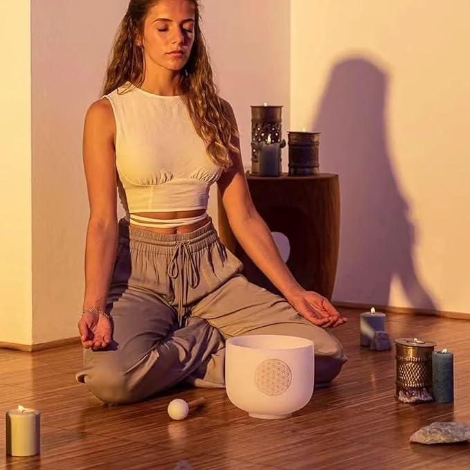Hye-eun 528HZ 8 Inch C Note Flower of Life Crystal Singing Bowl Sound Healing Meditation Crystal Bowl Sound Bath Bowl Sound Bath Singing Bowl (Gold without bag)