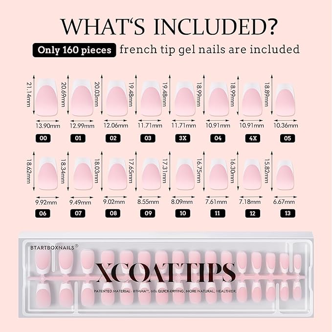 BTArtboxnails French Gel Nail Tips - French Tip Press on Nails Pink Short Coffin XCOATTIPS for Nail Extensions