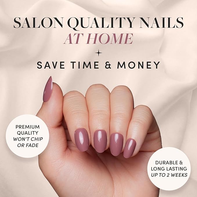 Glamnetic Press On Nails - Fall Mauve | Opaque Muted Blush Mauve Short Oval Fake Nails, Salon Quality | 15 Sizes - 30 Nail Kit