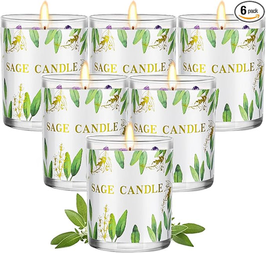 Candles, 6 Pack Sage Candle for Cleansing House Negative Energy, Scented Candles Gifts Set for Women, Crystal Candle Clearance with Crystal Healing Stones, Alternative to Smudge Sticks, Relax & Mind