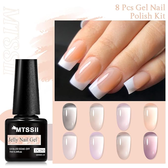 MTSSII Jelly Gel Nail Polish Set - Nude Gel Polish Kit - Milky Nude, Sheer Pink - UV Translucent - Grey - 8 Pcs