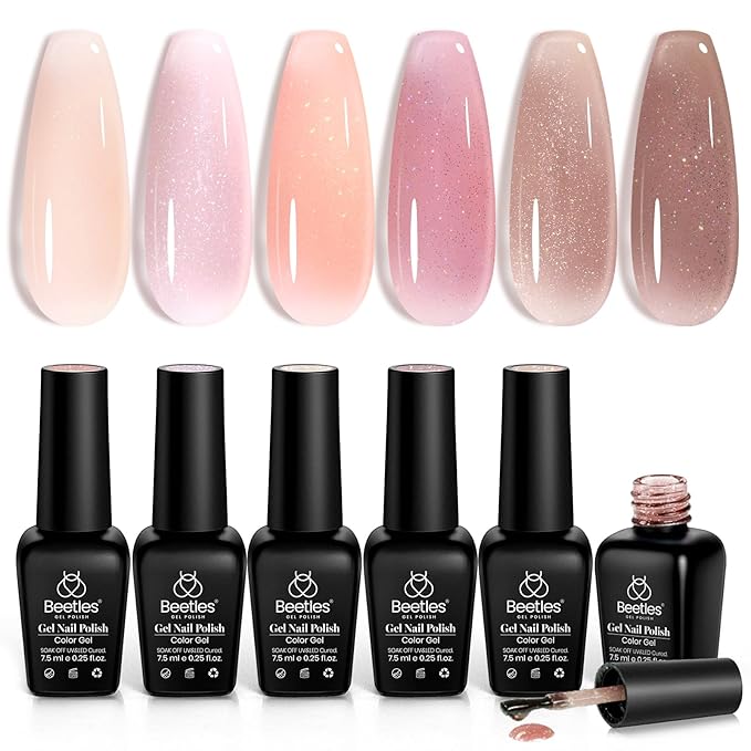 Beetles Jelly Gel Nail Polish Set - 6 Colors Nude Pink Brown Shimmer Giltter Fall Gel Polish Kit Sheer Transparent Effect Soak Off UV Lady with Dreams Collection Gift for Women