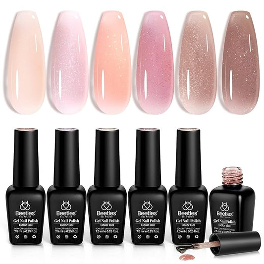 Beetles Jelly Gel Nail Polish Set - 6 Colors Nude Pink Brown Shimmer Giltter Fall Gel Polish Kit Sheer Transparent Effect Soak Off UV Lady with Dreams Collection Gift for Women
