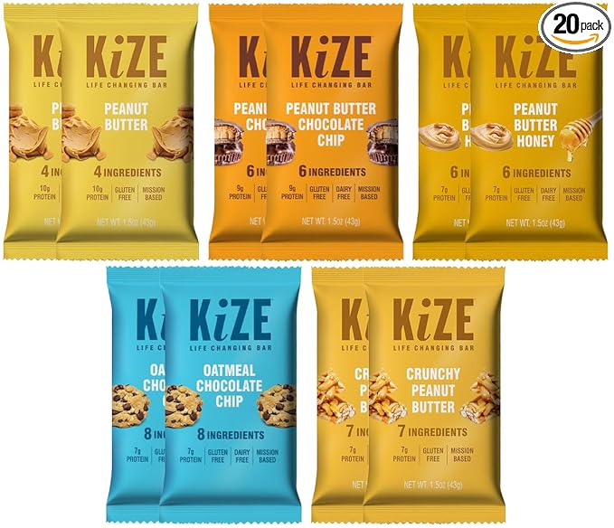 KiZE Energy Bars - Peanut Butter Lovers Variety Pack - 20-Count - Gluten Free, Dairy Free Options, Non-GMO, and High Protein Meal Replacement Energy Bars, Clean and Simple Food Ingredients - 7-10g High Protein Snacks (20 Count)