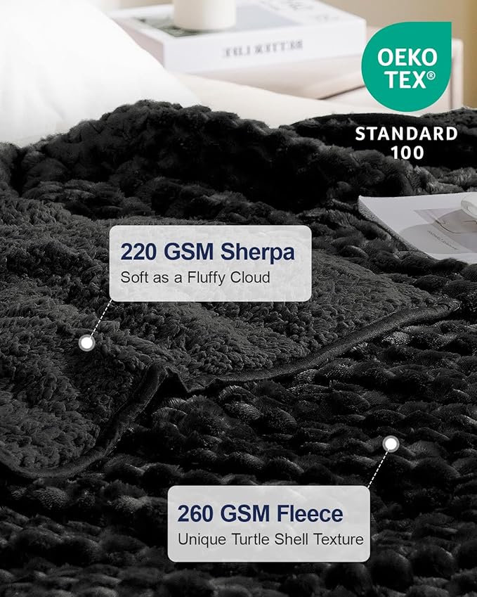 Super Soft Luxury Fleece Sherpa 20 lbs Weighted Blanket for Adults, Turtle Shell Fuzzy Cozy Warm Queen Weighted Throw for Winter, Ceramic Beads Washable Heavy Blankets for Couch Bed, Black, 60" x 80"
