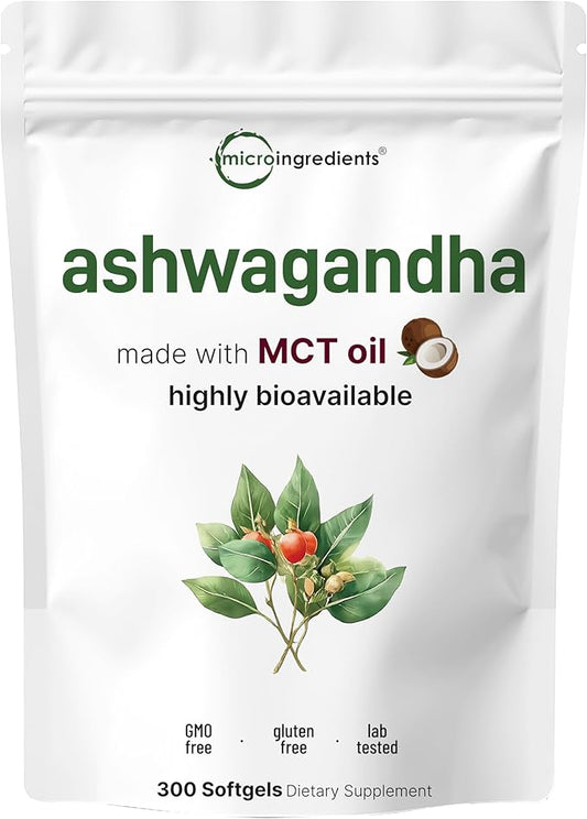 Ashwagandha Supplements | 300 Coconut MCT Oil Softgels with Black Pepper for Better Absorption | Potent Root Extract | Natural Herbal Support for Relaxation* | Non-GMO