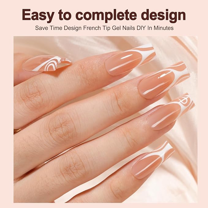 150Pcs French Gel Nail tips - Vansiho French Tip Press on Nails, Long Square Nail Tips, 5 Styles Swirl Nail Tips, Soft Gel Nails False Nail for Nail Art DIY 15 Sizes