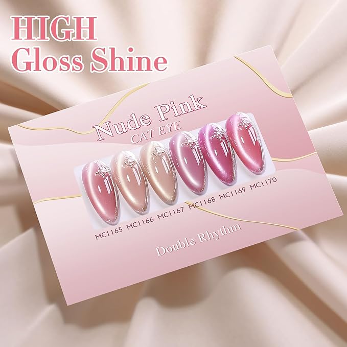 Double Rhythm 6 Colors Cat Eye Gel Polish Set Shimmer Glitter with Magnet Holographic Reflective Magnetic UV Nail Art Kit (6-Kit-49)