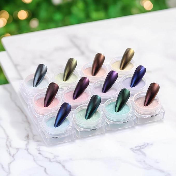 Mermaid Pearl Chrome Nail Powder 12 Colors Metallic Mirror Effect Iridescent Aurora Nail Glitter Pigment Rub-on Dust for Gel Nails Decoration Manicure Design