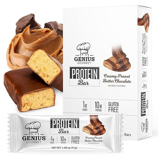 Genius Gourmet Protein Bar, Chocolate Peanut Butter, Keto Snack, Low Carb, Low Sugar & Gluten Free, Protein Snacks for Adults, 10G of Whey Protein per Protein Bar, 5 Net Carbs, 20 Count