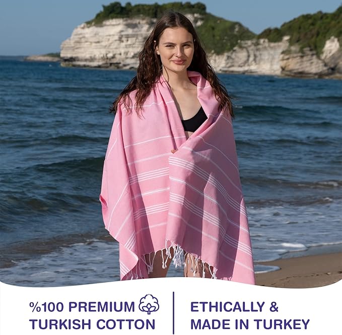 Turkish Beach Towels, Bulk Case of 24 | Oversized, Quick Dry, Sand Free | 100% Cotton, Large 38x71 Towels for Beach, Pool, Travel | Ultra-Soft, Compact, Absorbent | Pink