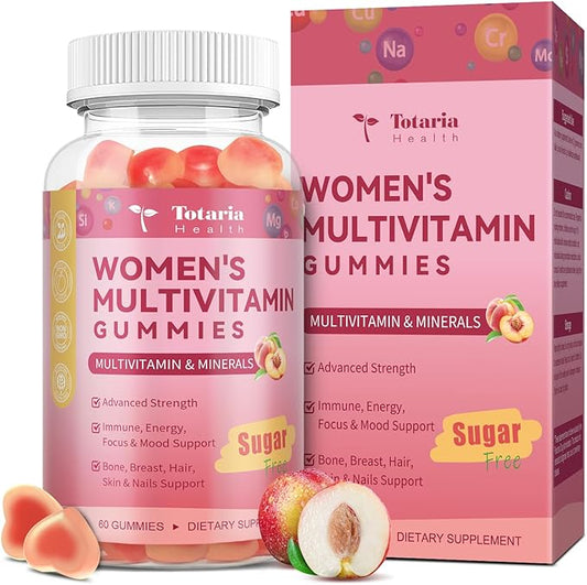 Totaria Sugar Free Multivitamin Gummies for Women 14+ w/Iron, Inositol, Folate, Biotin, Womens Daily Multivitamin Gummy w/Vitamin A, C, B, D3, K2, for Hair, Skin, Energy, Immune, Peach Flavor