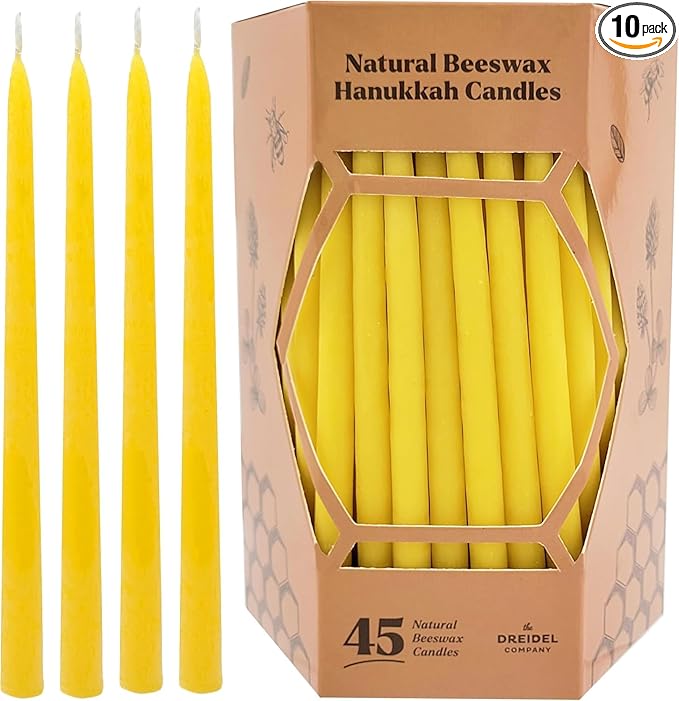 Natural Beeswax Hanukkah Candles, Hand-Made Chanukkah Menorah Yellow Candles for All 8 Nights Fits Most Menorah 45 Count (10-Pack)