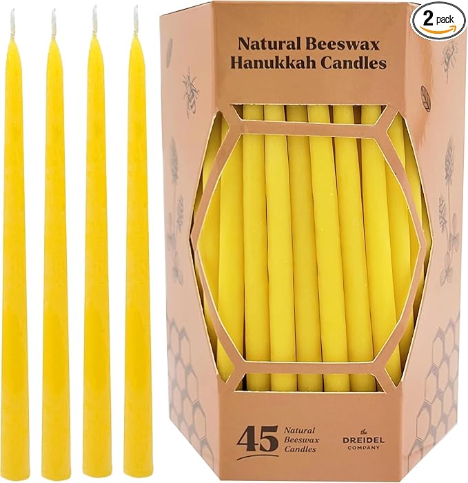2-Pack Natural Beeswax Hanukkah Candles,1-Hour Burn Time Hand-Made Chanukkah Menorah Yellow Candles for All 8 Nights Fits Most Menorah 45 Count (2-Pack)