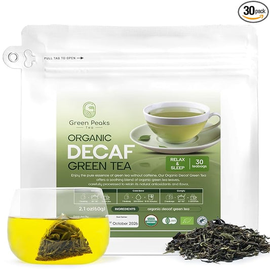 Green Peaks Tea Organic Decaffeinated Green Tea Bags, Unsweetened Teabags Natural Loose Leaf Tea bags, Super Antioxidant for Decaf Hot Tea or Decaf Iced Tea, 30 Total