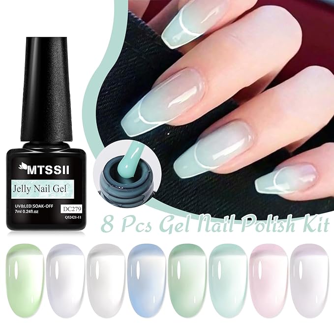 MTSSII Jelly Green White Gel Nail Polish Set, 8 Transparent Colors Sheer Gel Nail Kit for Salon Sage Green Gel Manicure and Nail Art DIY at Home for Girls Women