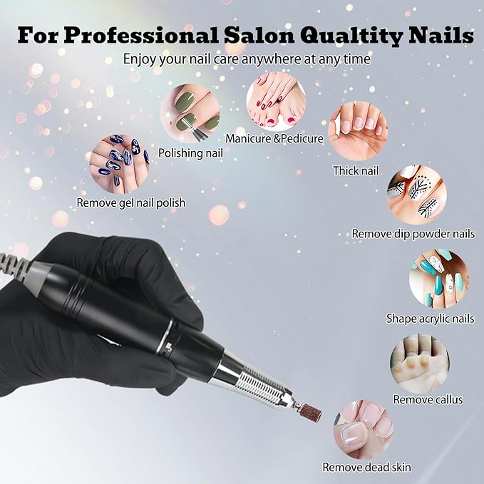 Electric Nail Drill Machine 35000RPM Professional Portable Nail File Cordless Rechargeable Nail Efile for Acrylic Gel Nails Manicure Pedicure Polishing Shape Tools for Salon (Black)